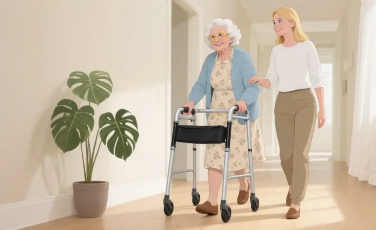 Older woman walking using a rollator